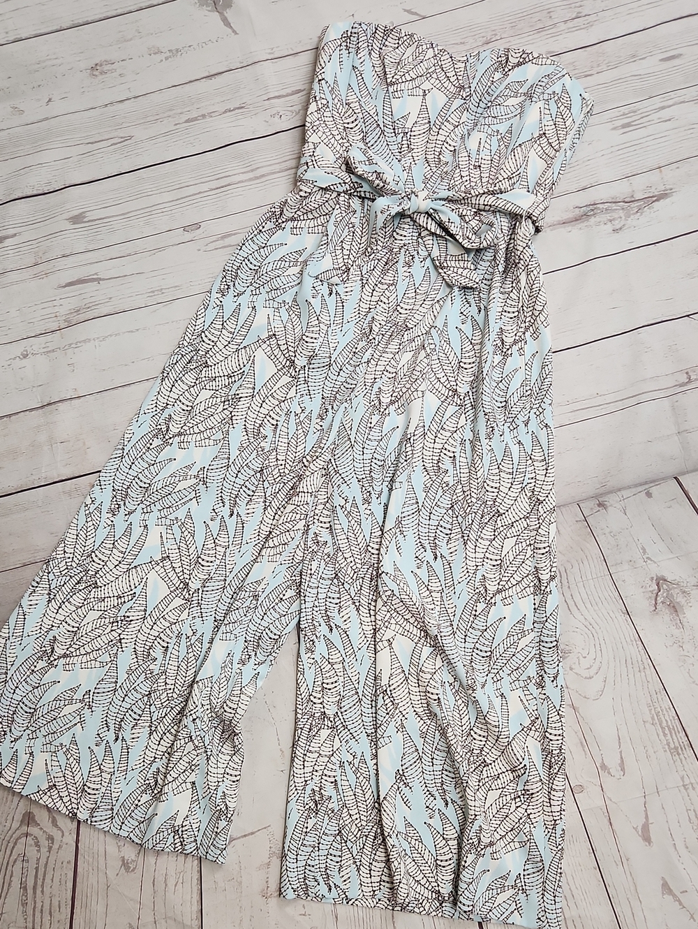 H&M Strapless Light Blue and Brown Leaf-Print Jumpsuit